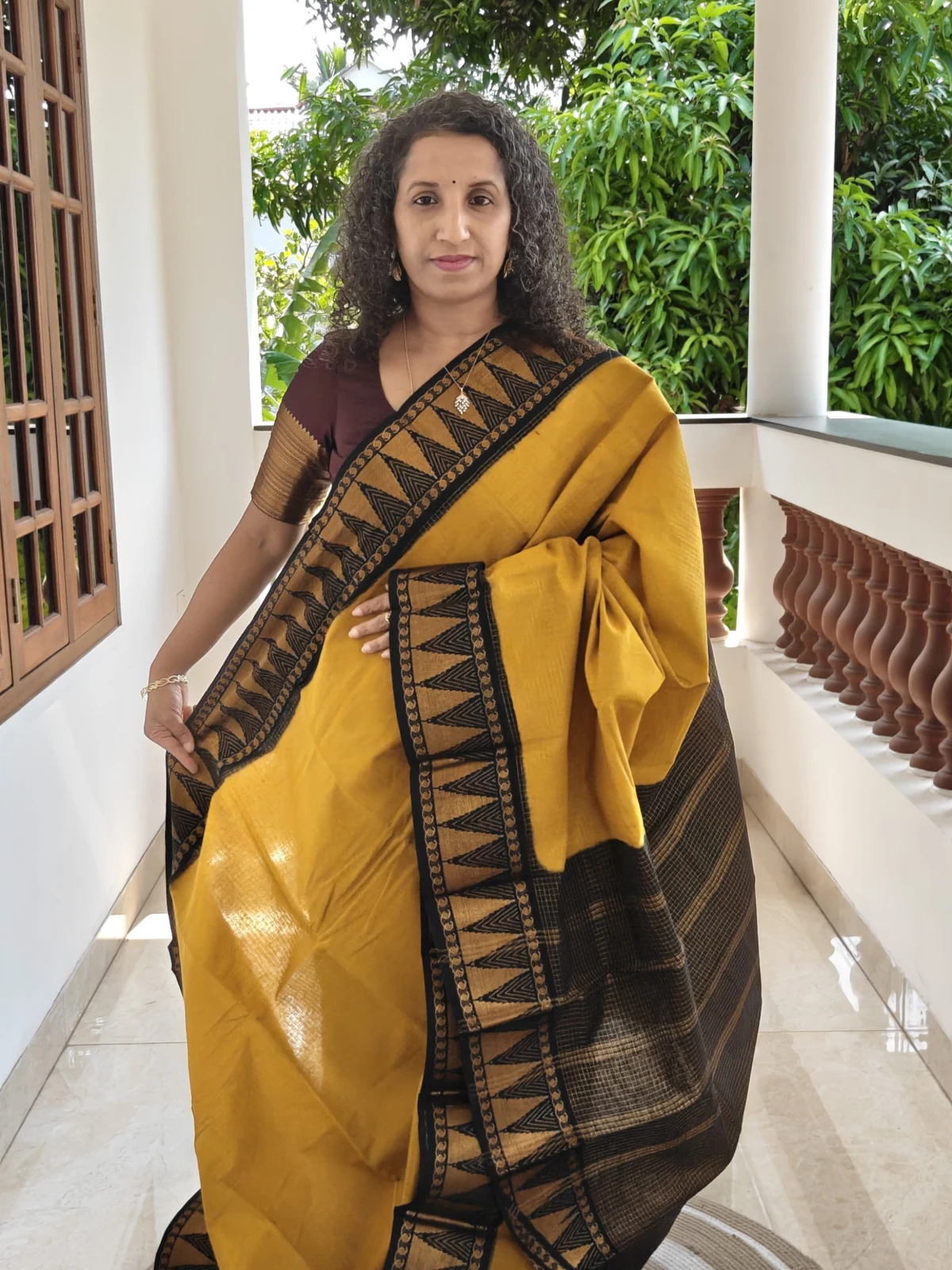 Sungudi Cotton Saree Mustard Yellow and Black Temple Border